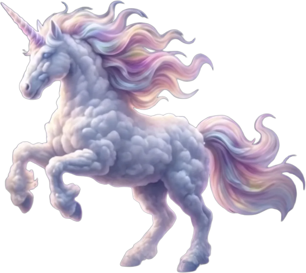 Einhorn aus Wolken mit regenbogenfarbener Mähne